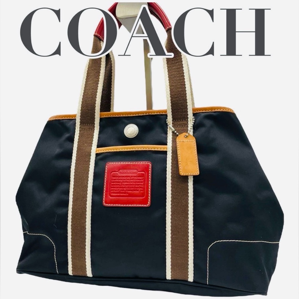 Coach Black Tote with Red Patch and Brown/Beige Straps
